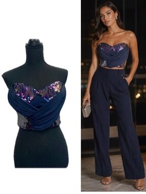 BEBE Navy blue purple sequin wrap draped sweetheart bustier corset crop top Sz L